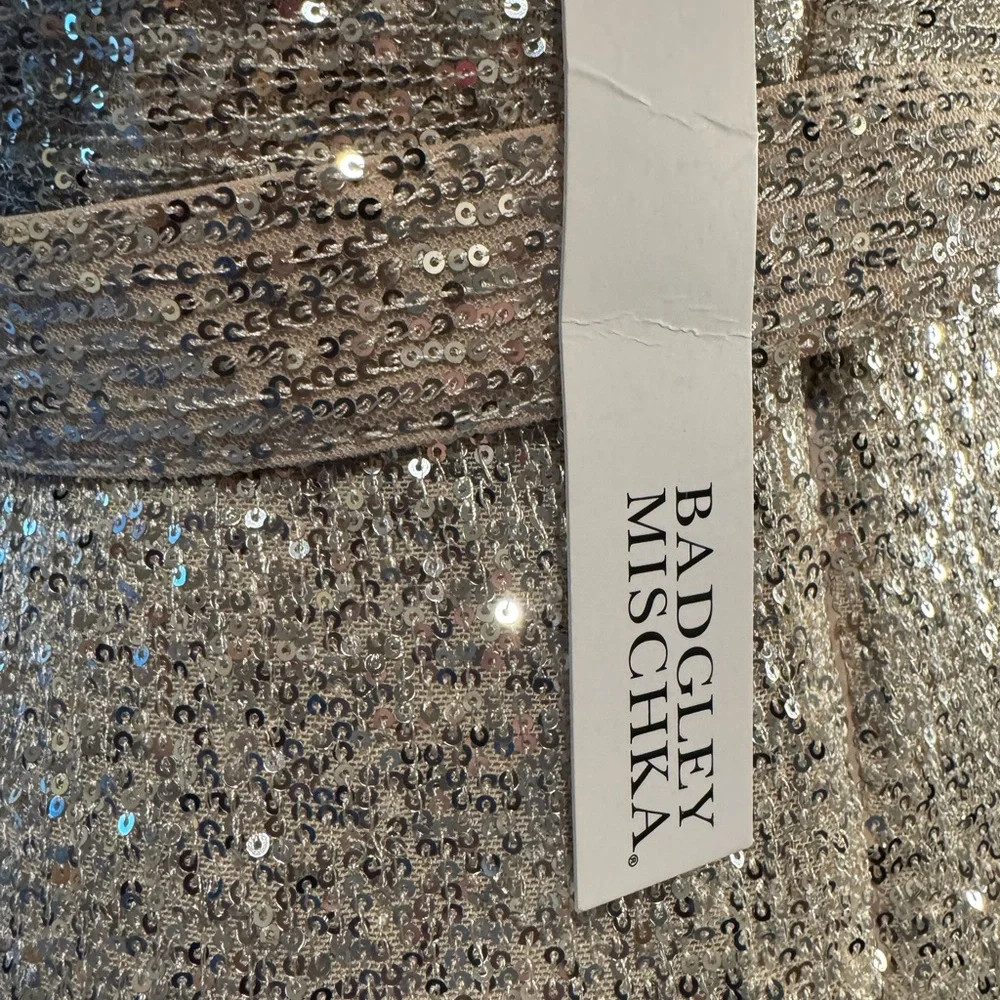 Badgley Mischka Silver Sequin Strapless Gown with Bow Detail - Picture 4 of 9